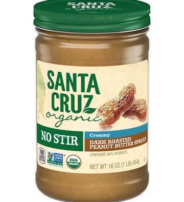 jar of Santa Cruz Organics 'No Stir' Dark Roast CREAMY Peanut Butter