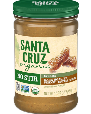 jar of Santa Cruz Organics 'No Stir' Dark Roast CRUNCHY Peanut Butter